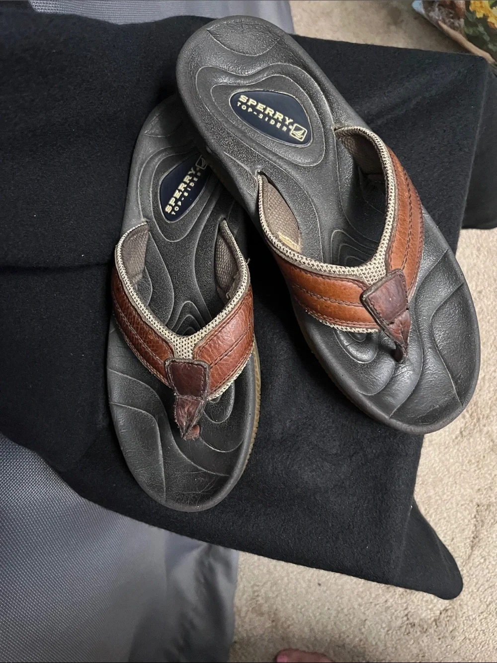 Sperry Men’s Brown Leather and Black Footbed Flip Flops